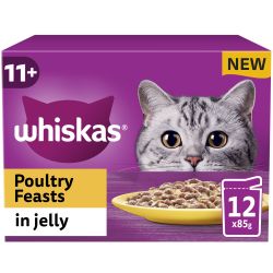 Whiskas 11+ Poultry Feasts Senior Wet Cat Food Pouches in Jelly 12pk, 85g