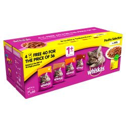 WHISKAS 1+ Cat Pouches Poultry Selection in Jelly 40 for 36 - Pets Fayre